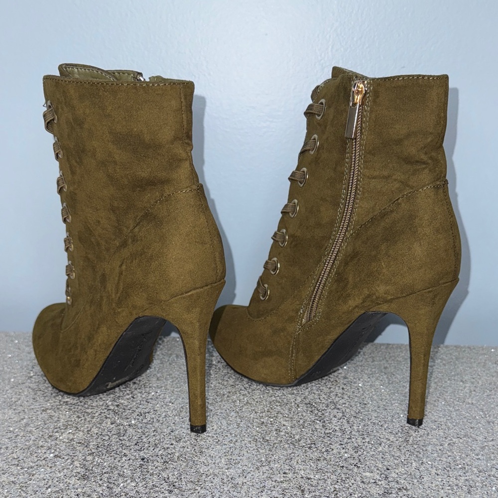 Anne Michelle Khaki Lace-Up Heeled Ankle Boots Size 8 - Picture 5 of 9